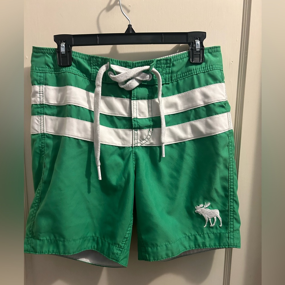 Abercrombie & Fitch men’s swim board shorts green and white rugby stripe small